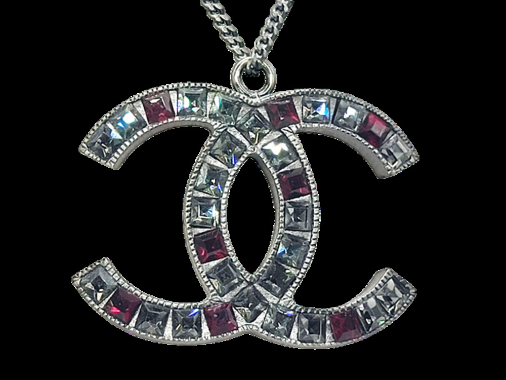 6873 - Chanel CC Coco Mark Large Crystal Rhinestone Necklace Silver